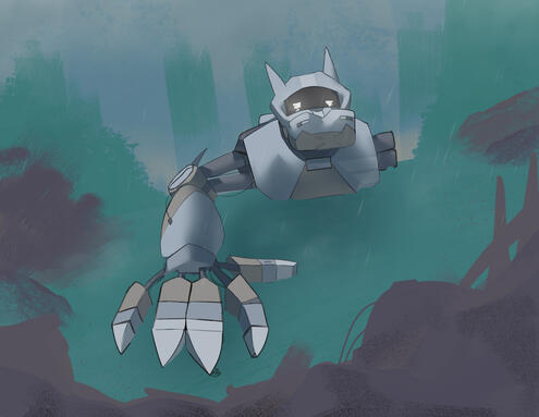 A damaged robot crawling through a dreary junkyard