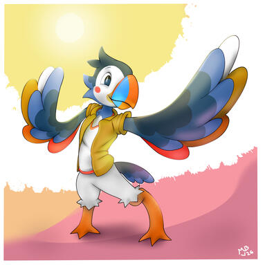 A colorful puffin character